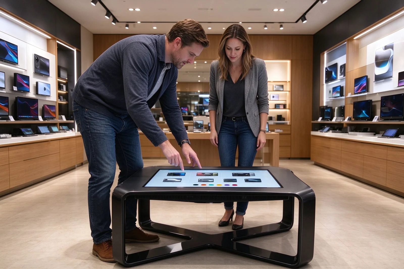 Interactive touch table in retail brand experience center for product comparison and digital brochure browsing