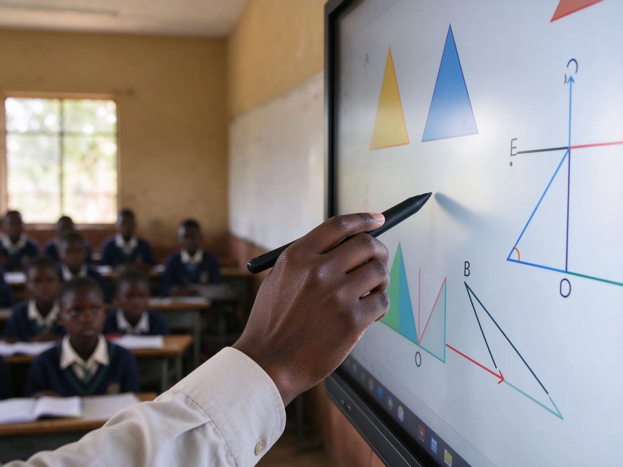 Teacher writing mathematics on the interactive whiteboard with a stylus