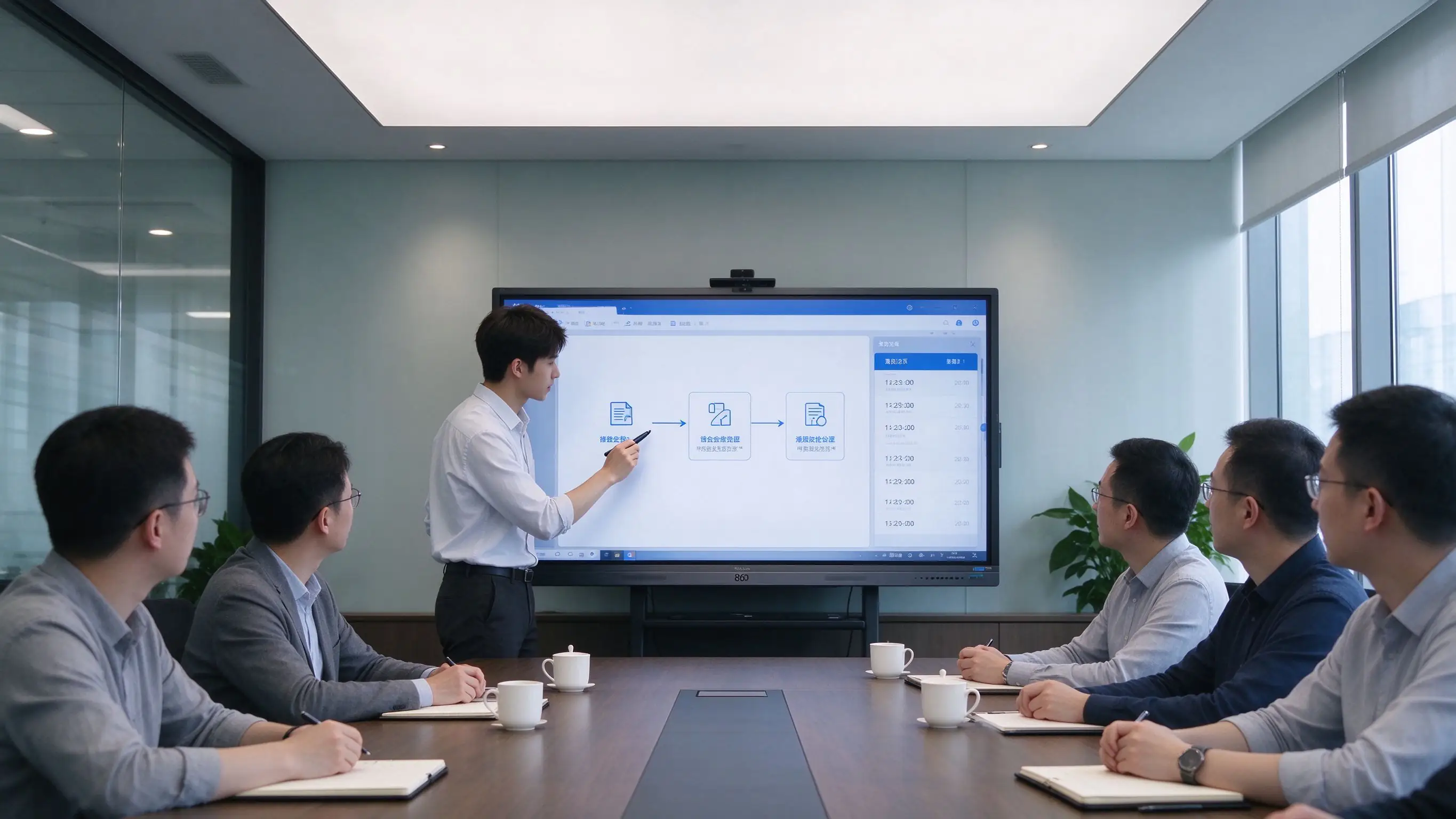 Meeting in progress with workflow annotation on interactive panel