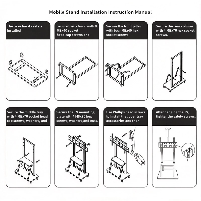 Qtenboard mobile display stand installation instruction manual, 8-step assembly guide diagram for interactive flat panel cart