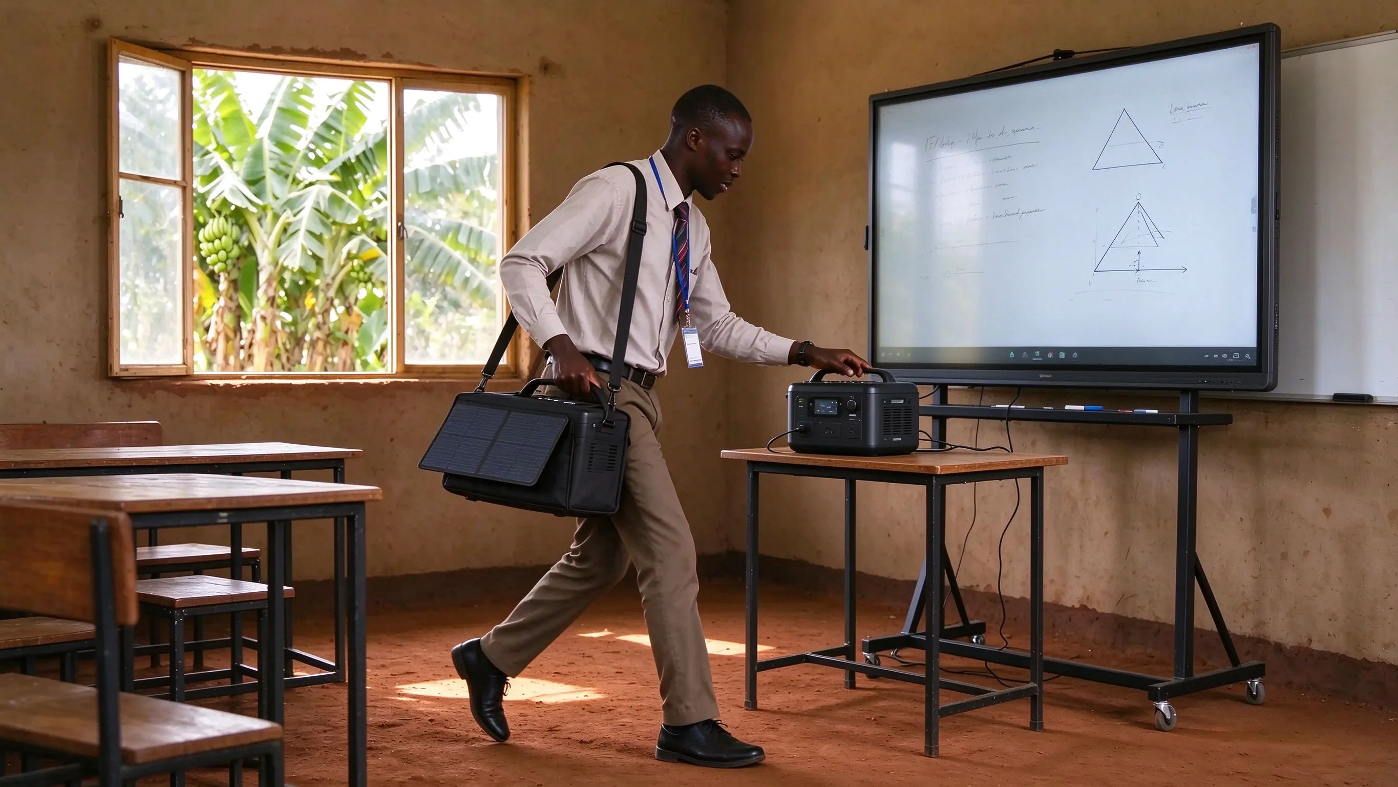 Mobile teaching kit carried by a teacher forming a portable classroom station