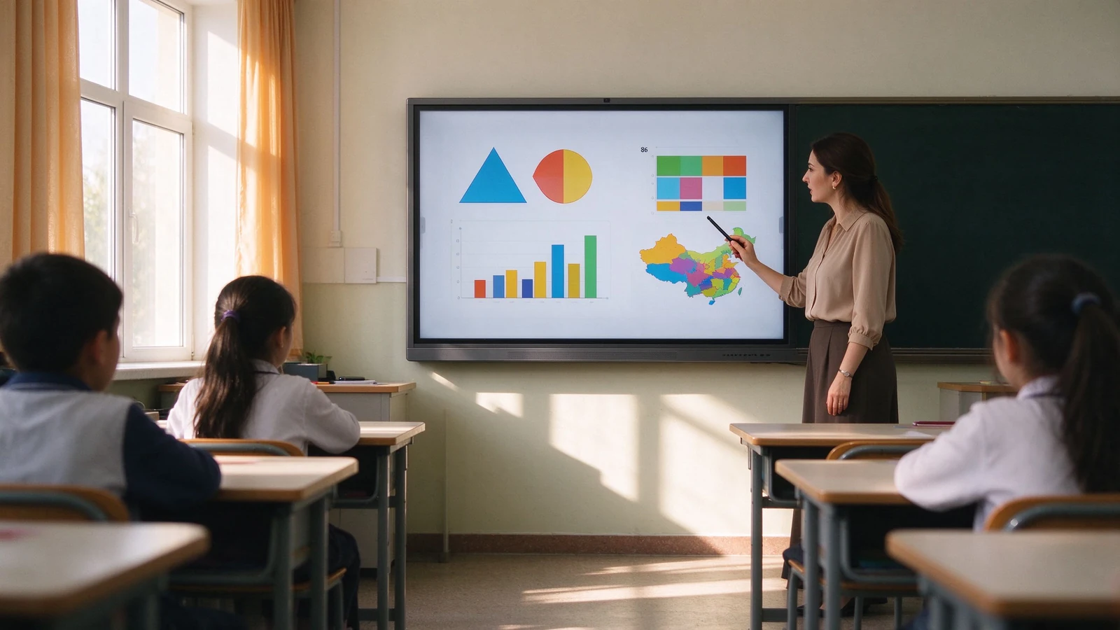 Qtenboard interactive flat panel in a modern Uzbek classroom