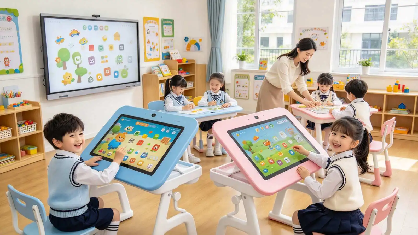 Qtenboard 32 inch flip and lift interactive kids touch table, children educational multi-touch screen table for preschool classroom