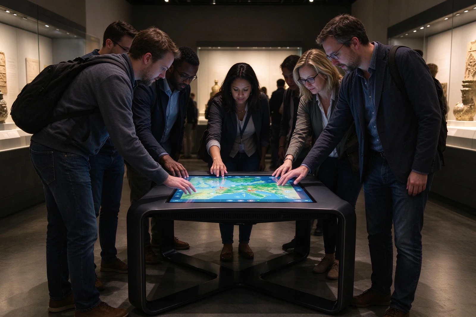 Multiple users interacting simultaneously on a horizontal multi-touch table display in a museum