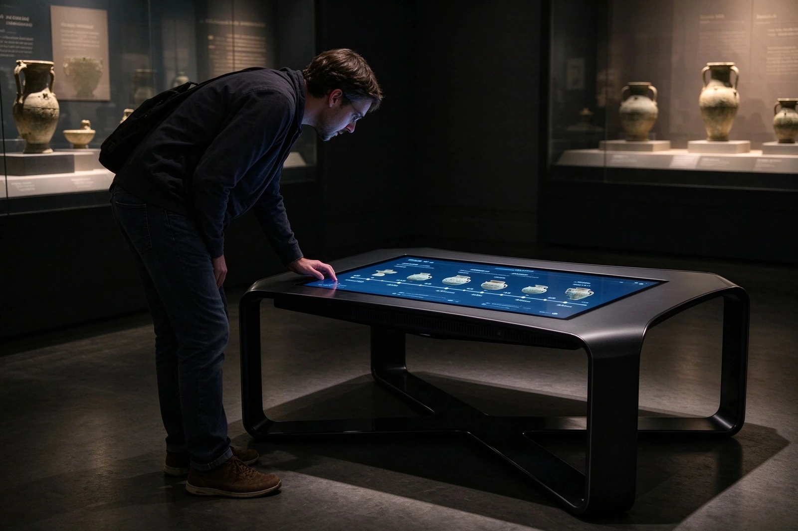 Museum visitors exploring digital artifact timeline on X-base interactive touch table