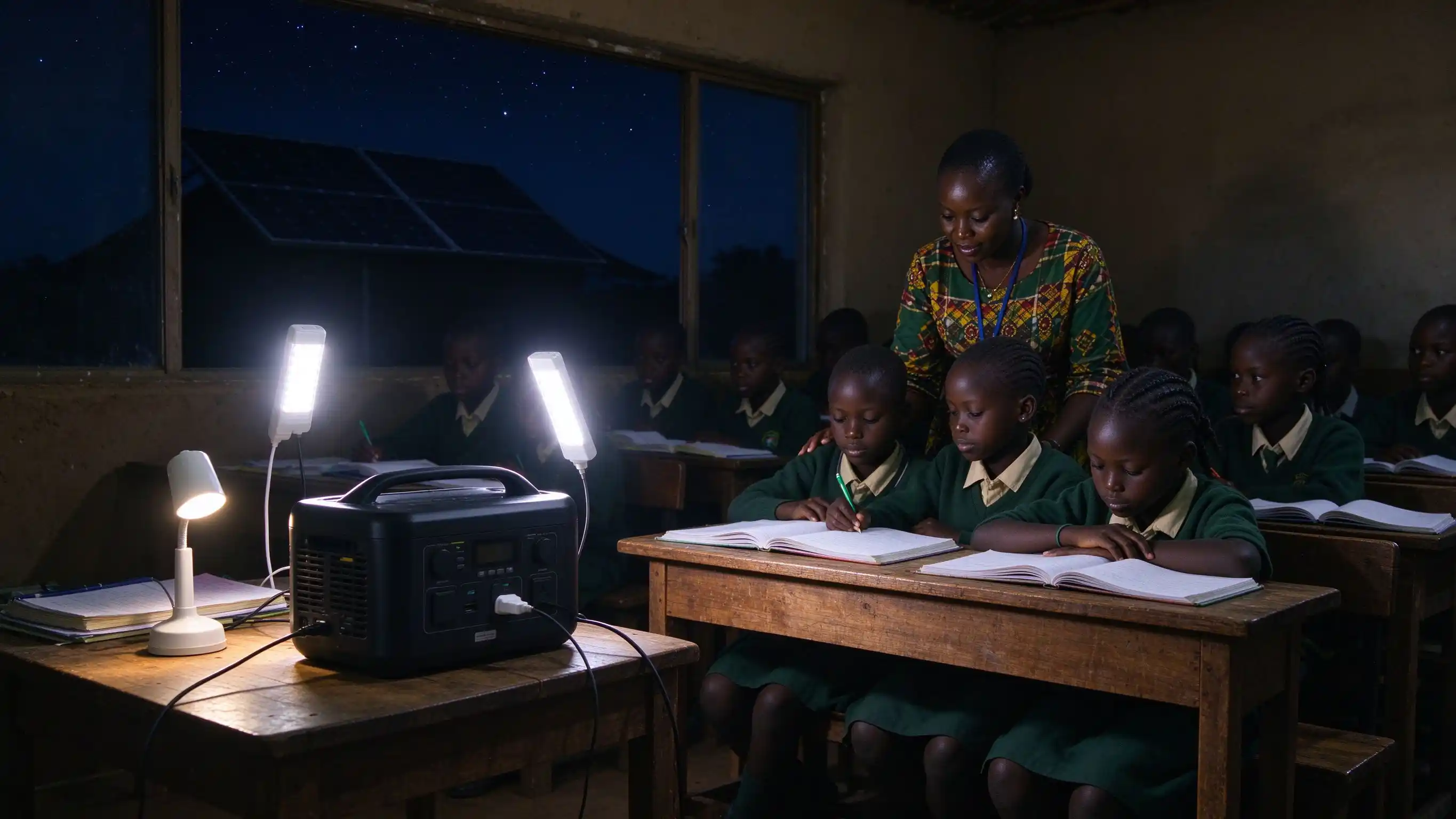 Night study session where the power station lights the classroom after sunset