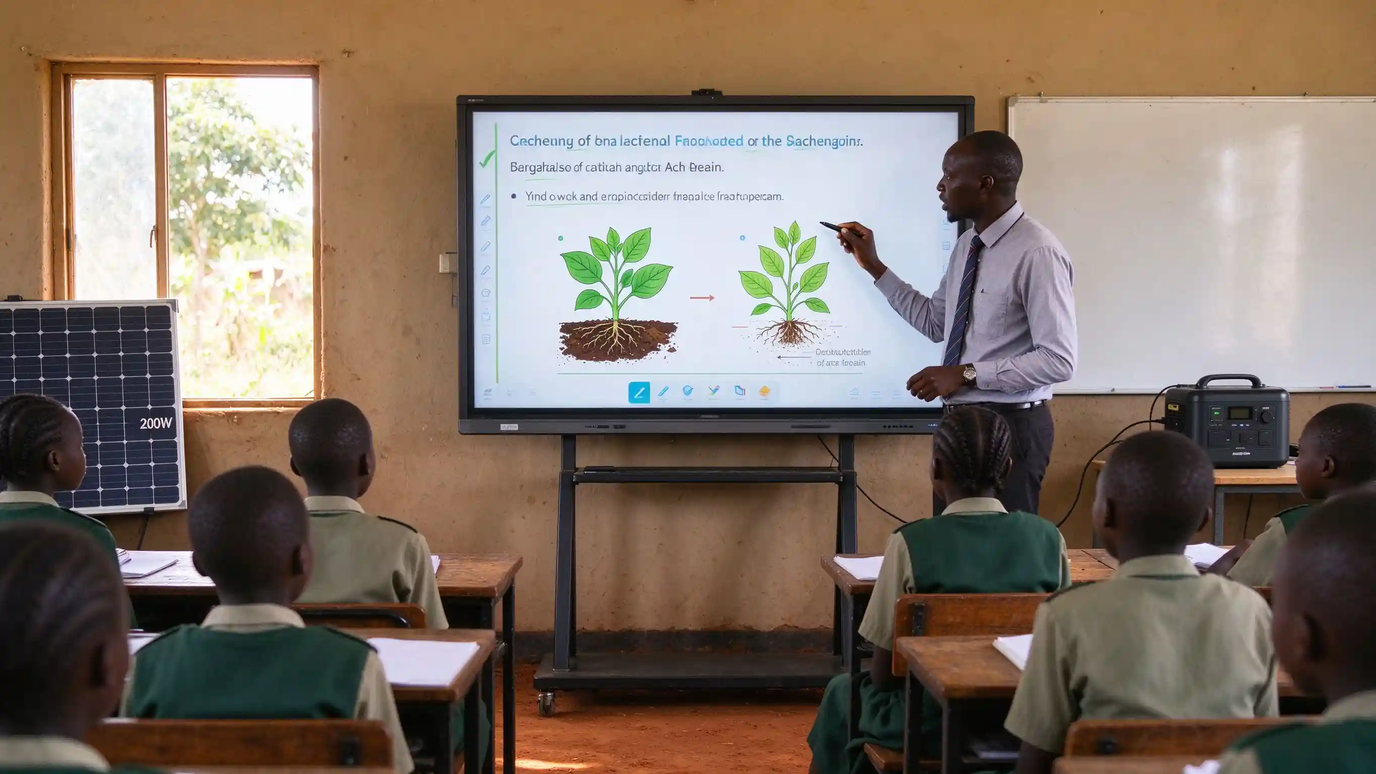 Rwandan teacher delivering a digital lesson in an off-grid rural classroom powered by solar storage