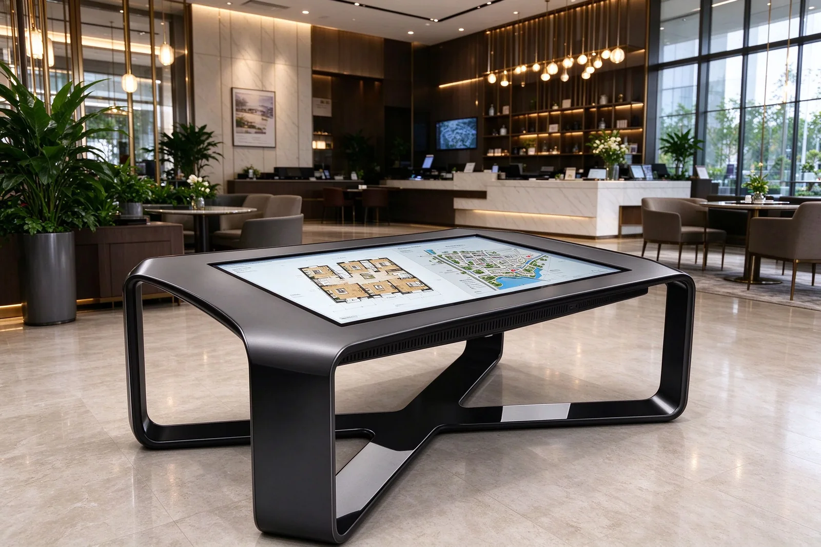 Real estate digital sand table on X-base interactive touch table showing floor plans and project maps