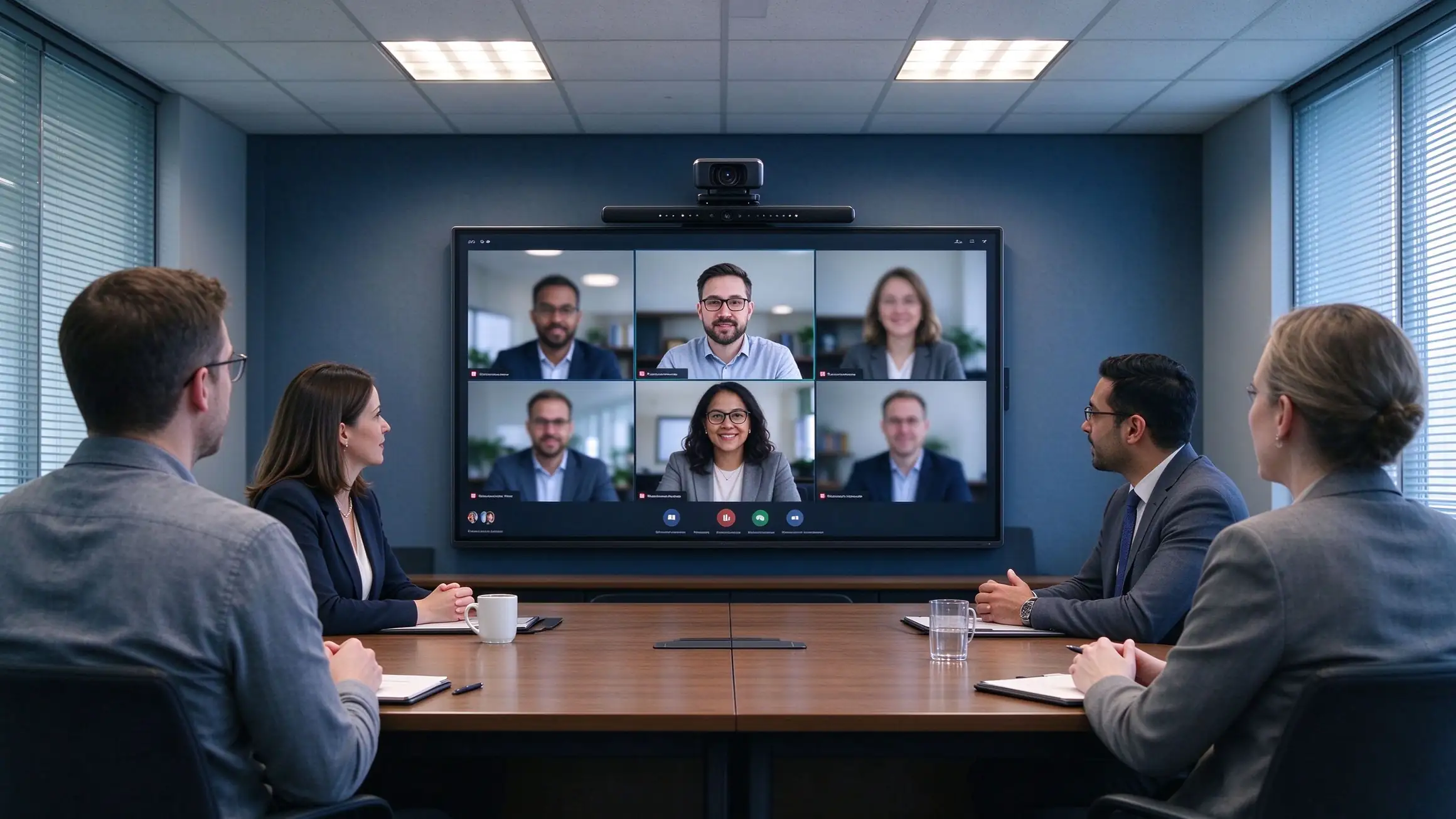 Hybrid video conference with remote participants on screen