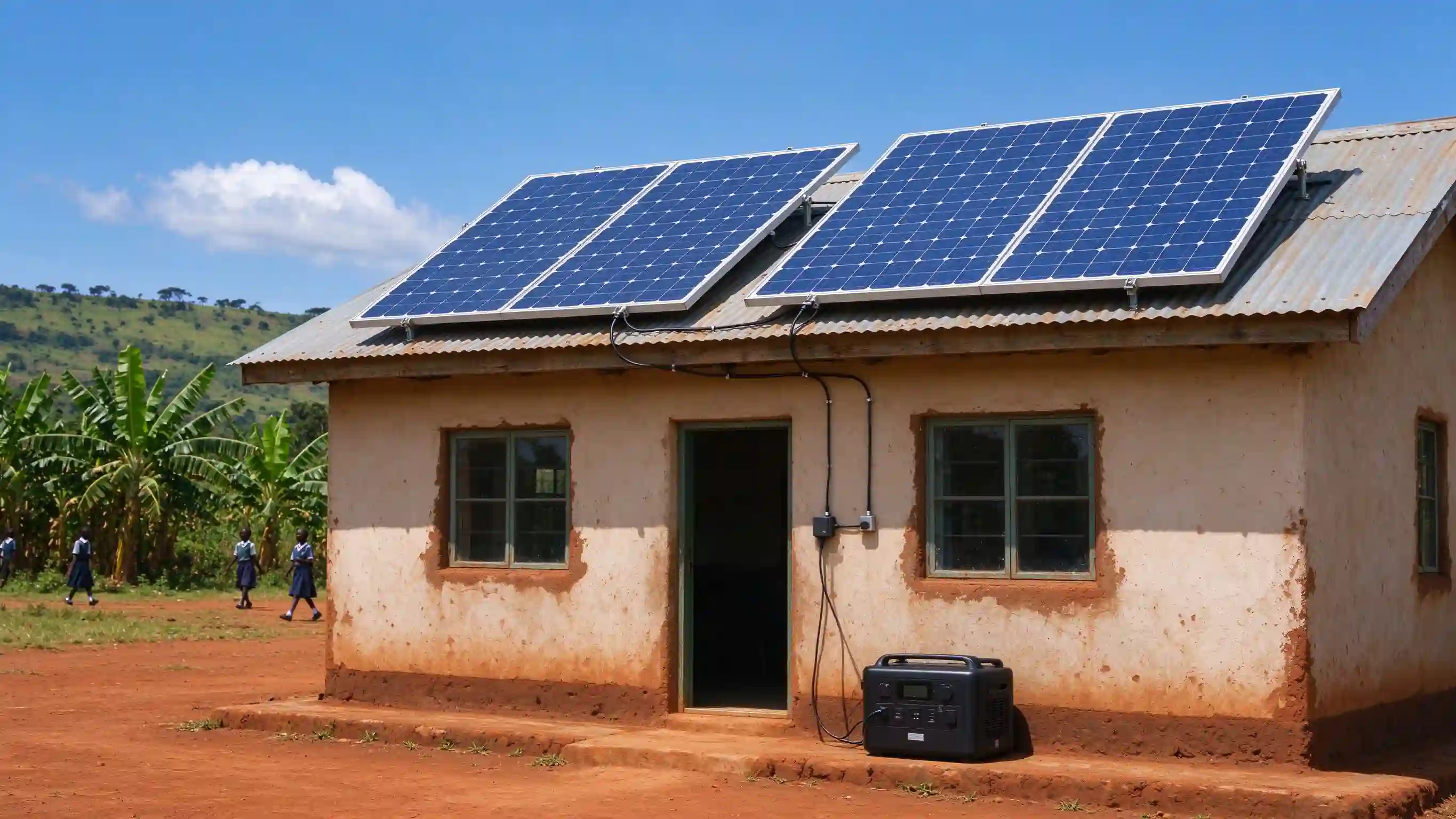 Solar panel charging on a school rooftop