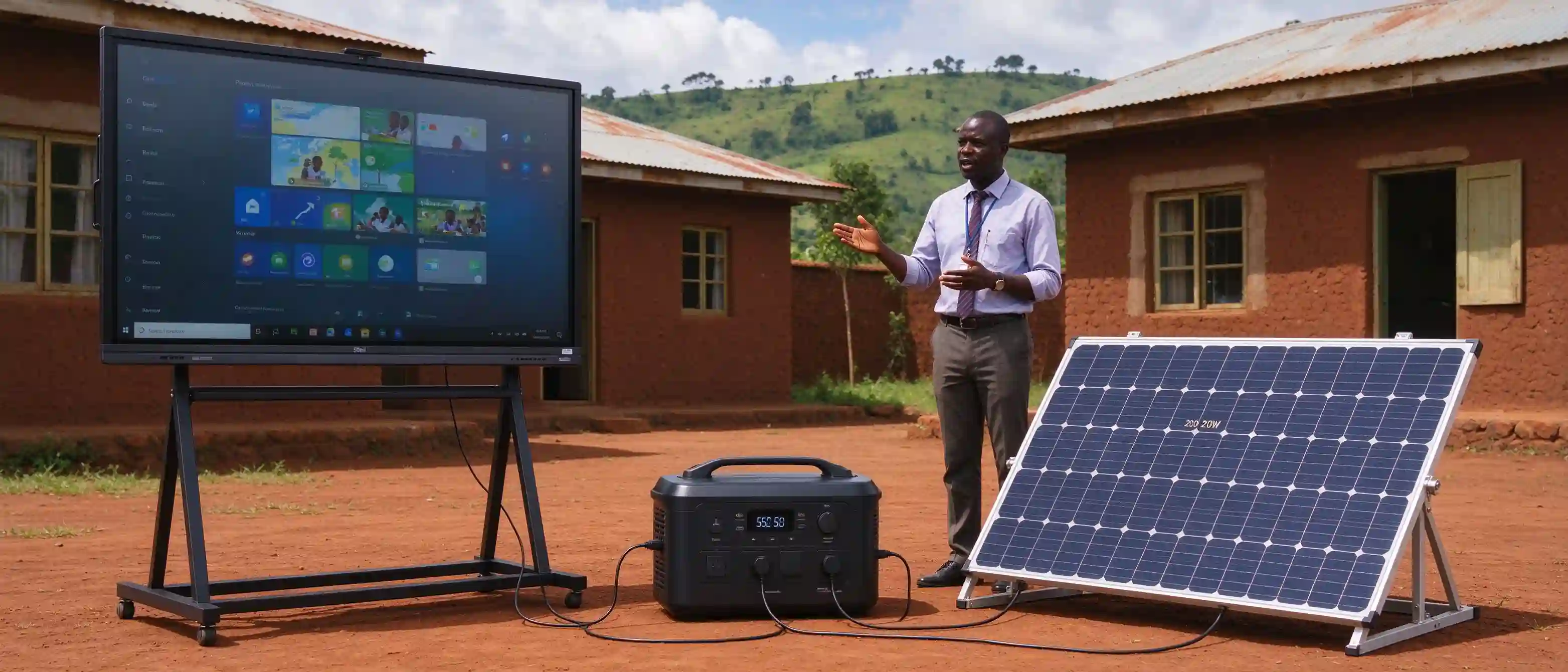 Solar panel, portable power station and interactive touch whiteboard forming a complete off-grid teaching system