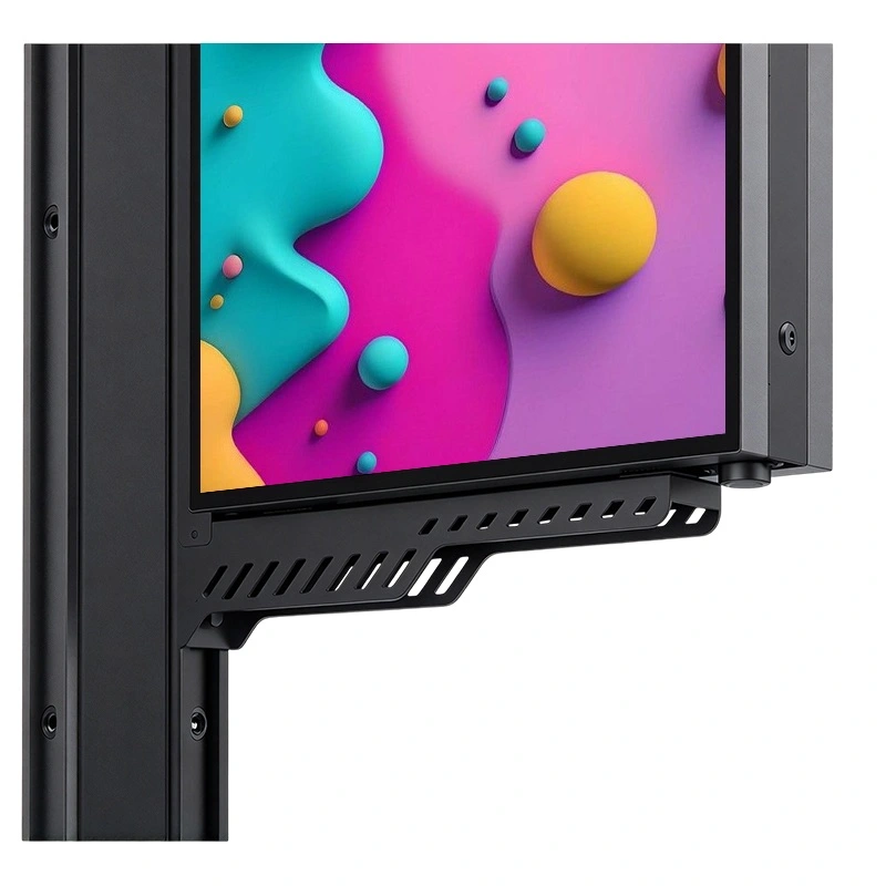 Qtenboard street pole LCD display close-up, black aluminum mounting bracket for outdoor smart city screen