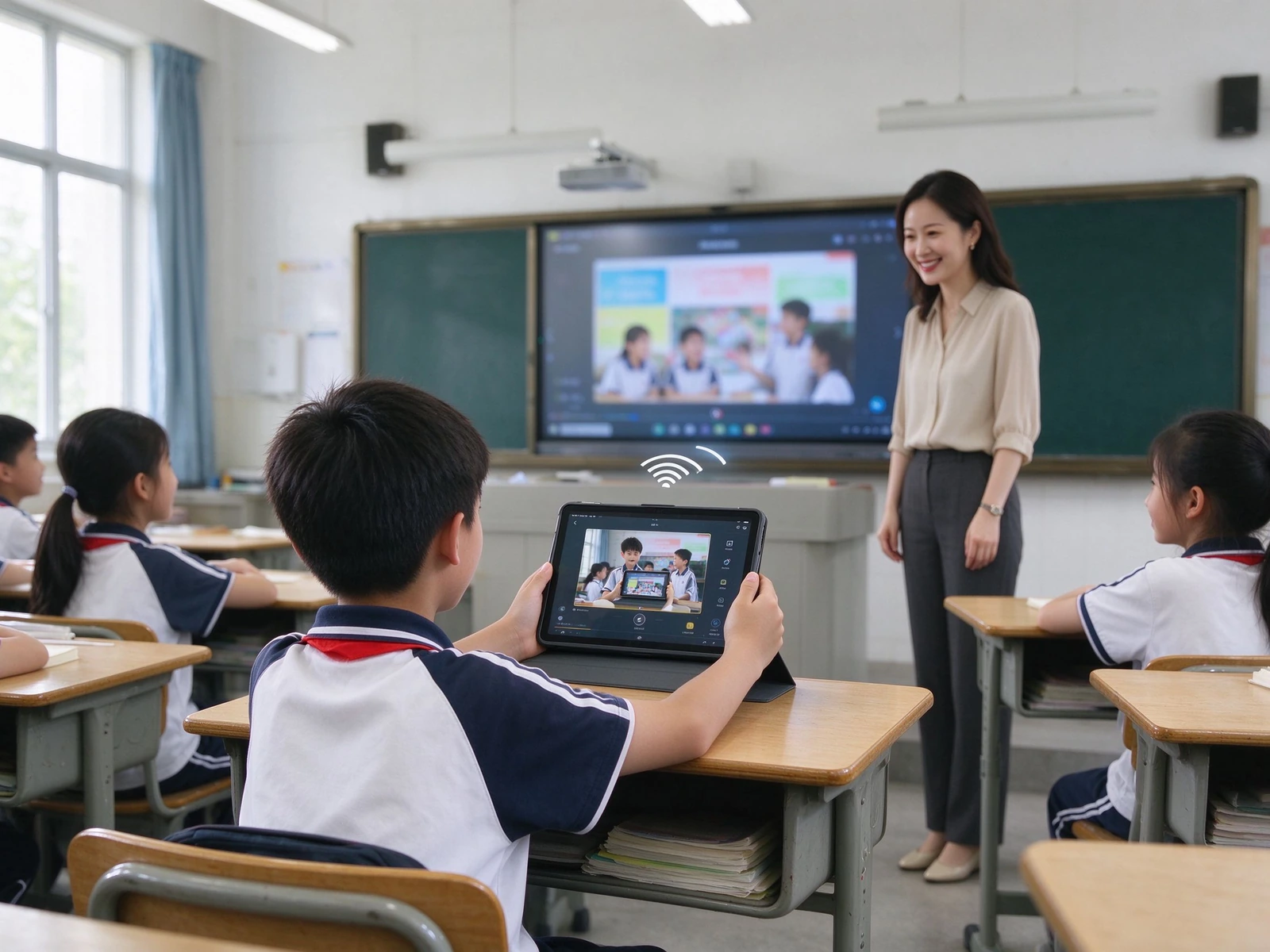 Student casting tablet screen to Qtenboard panel wirelessly