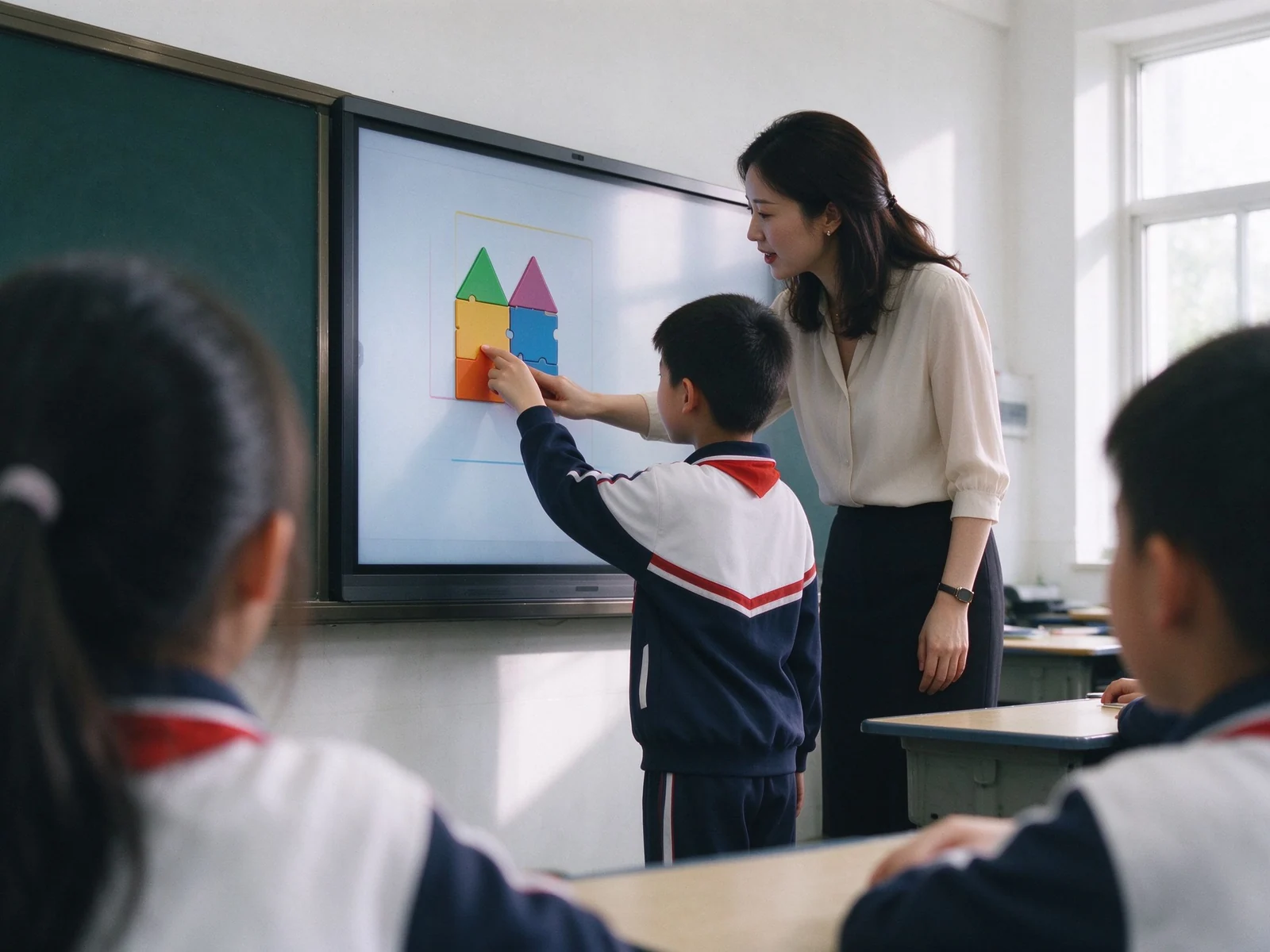 Teacher and students using Qtenboard interactive panel
