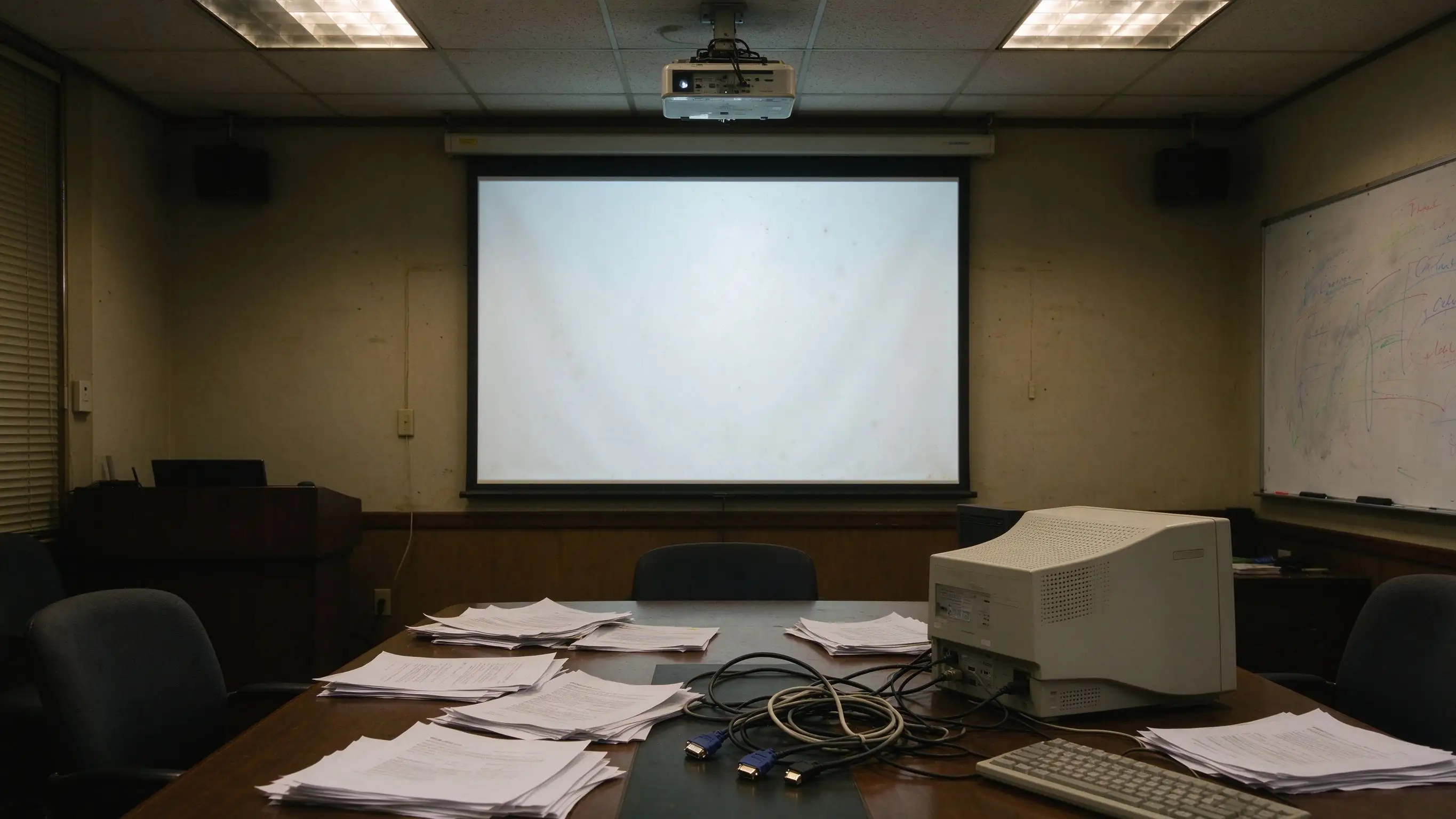 Traditional meeting room with projector, whiteboard and tangled cables
