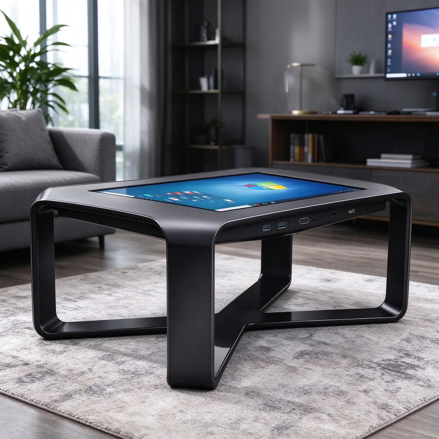 Windows 10 interface on X-base interactive touch table with USB and HDMI ports visible on side panel